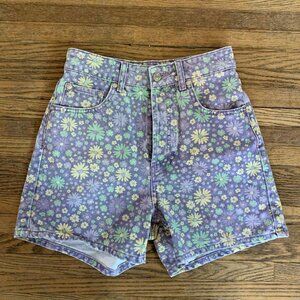 Women's Zara Floral High Waisted Denim 70s Shorts - Lilac - Sz.4